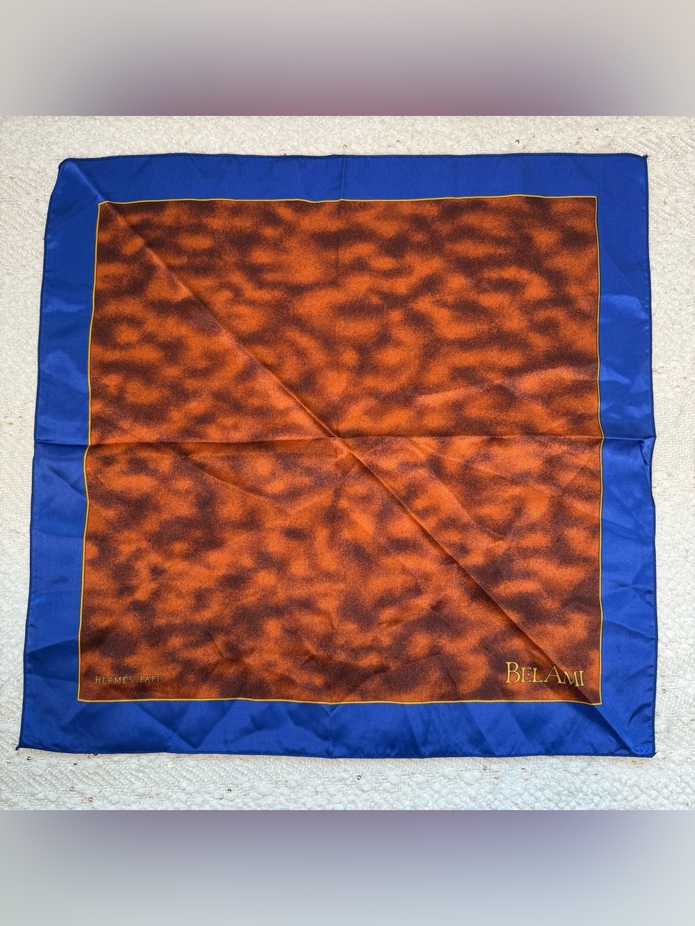 Hermes Bel Ami brown yellow and blue silk square scarf